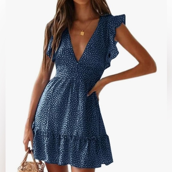 Meikulo (Amazon brand) Dresses & Skirts - MEIKULO Blue Polka Dot Ruffle Flutter Sleeve A-Line Mini Dress Size XL